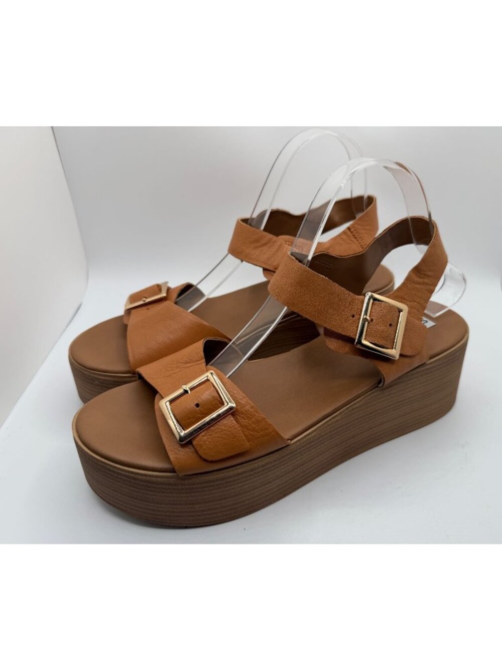 Steve Madden Marka Cognac Leather Platform Sandals Women Size 10M Double Buckles